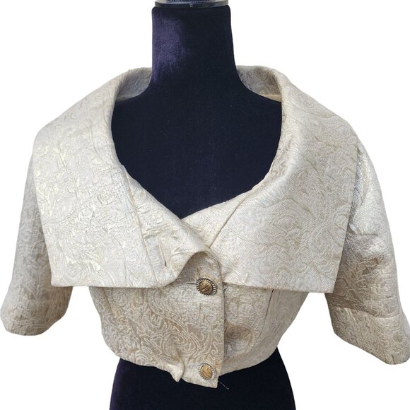 Luxurious Gold Brocade Jacquard Designer Jacket Cardigan Coat Bolero Cover Cape - Picture 7 of 16